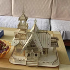 Birthday or holiday craft gift for model builders, a 3D wooden villa castle kit with LED light and no glue assembly