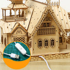 Wooden model kit for adults and older kids, an illuminated Russian villa castle puzzle with 267 laser cut plywood pieces