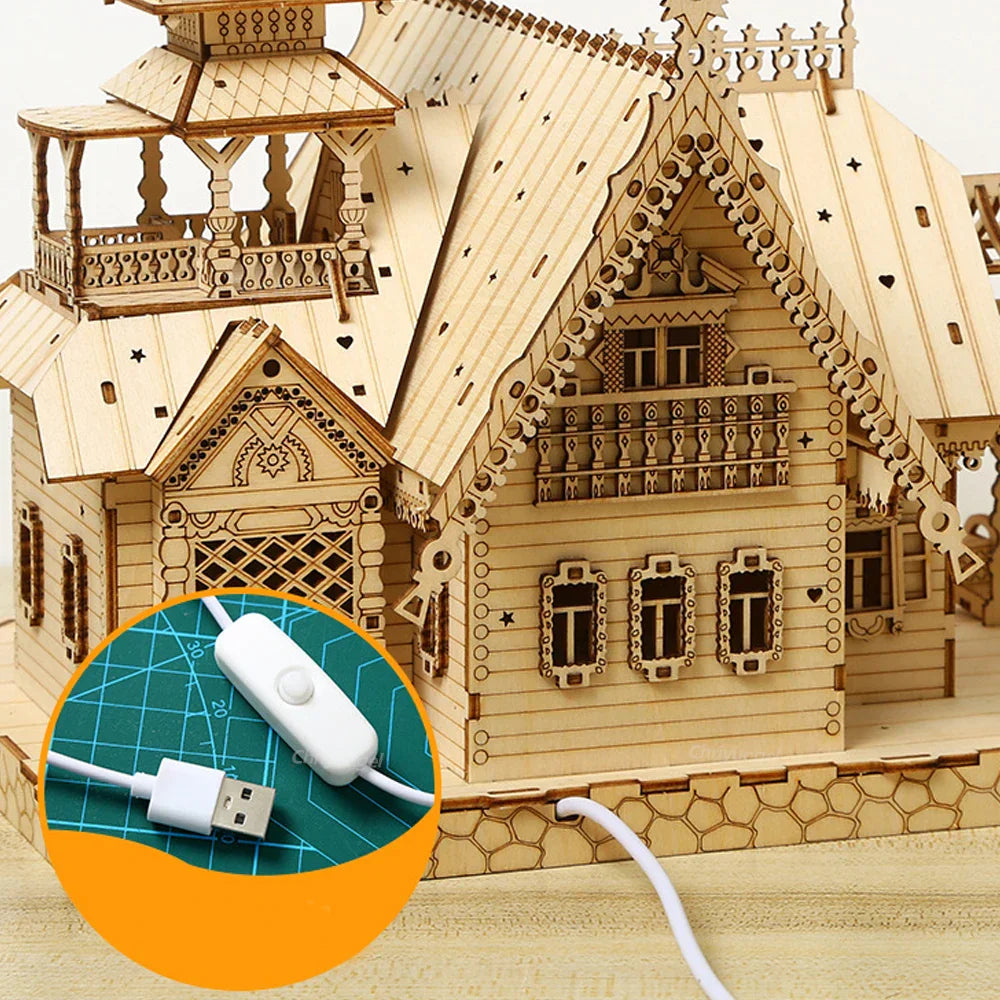 Wooden model kit for adults and older kids, an illuminated Russian villa castle puzzle with 267 laser cut plywood pieces
