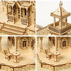 Decorative towers, windows and balconies on a lit wooden villa castle model kit with spare parts and LED lighting
