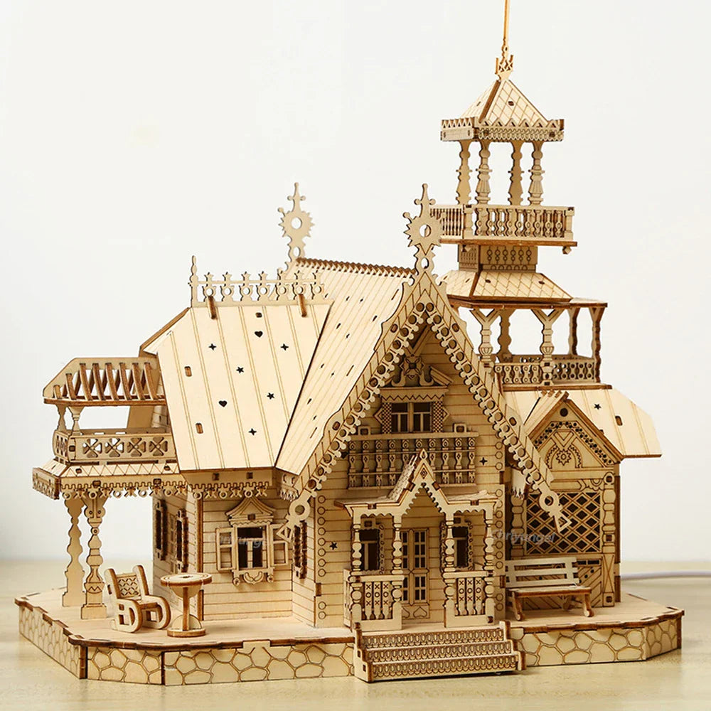 267 piece castle puzzle in precision laser cut plywood, a 3D wooden villa model kit for adults and older kids to build