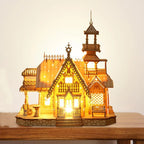 Tool free wooden model kit with mortise and tenon joints and no glue, an illuminated villa castle puzzle to assemble