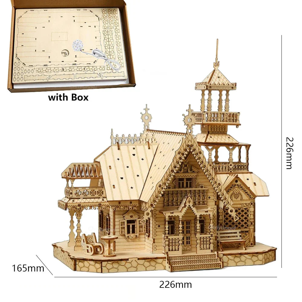 Integrated LED lighting casts a warm glow through this wooden castle model kit, a lit villa for desk decoration at night