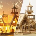Illuminated castle desk decoration for a bedroom or office, a wooden villa model kit with warm LED light to display
