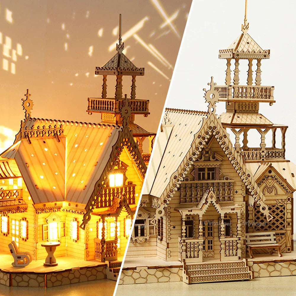 Illuminated castle desk decoration for a bedroom or office, a wooden villa model kit with warm LED light to display