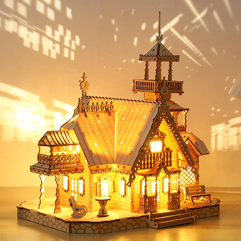 Screen free building project for adults, a 267 piece wooden villa castle model kit with integrated LED lighting inside