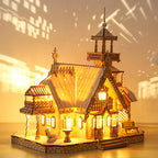 Screen free building project for adults, a 267 piece wooden villa castle model kit with integrated LED lighting inside