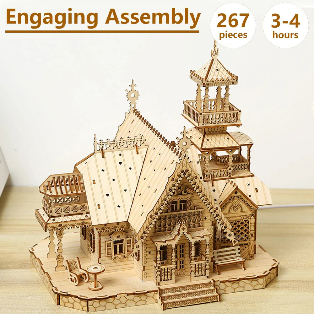 Architectural centerpiece for a shelf or desk, a laser cut plywood villa castle model kit with warm LED illumination