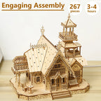 Architectural centerpiece for a shelf or desk, a laser cut plywood villa castle model kit with warm LED illumination