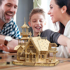 Wooden castle model kit for hobby builders and architecture fans, an illuminated villa puzzle with balconies and towers