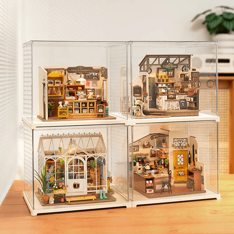 Transparent display case for finished dioramas and dollhouse kits keeping models dust free on a shelf or desk