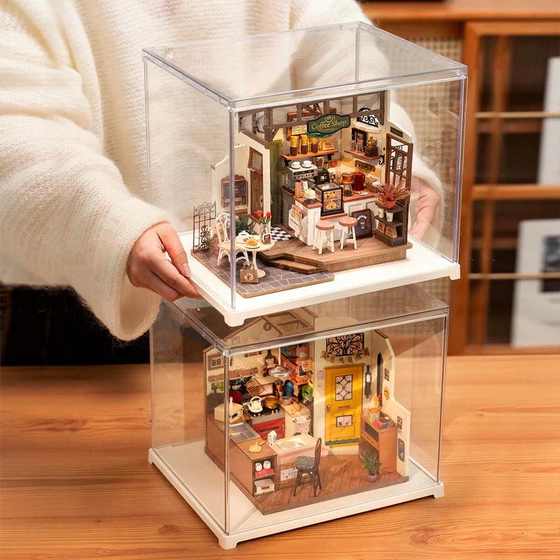 Protective miniature display cover with precision cut acrylic panels and smooth edges for collector room decor
