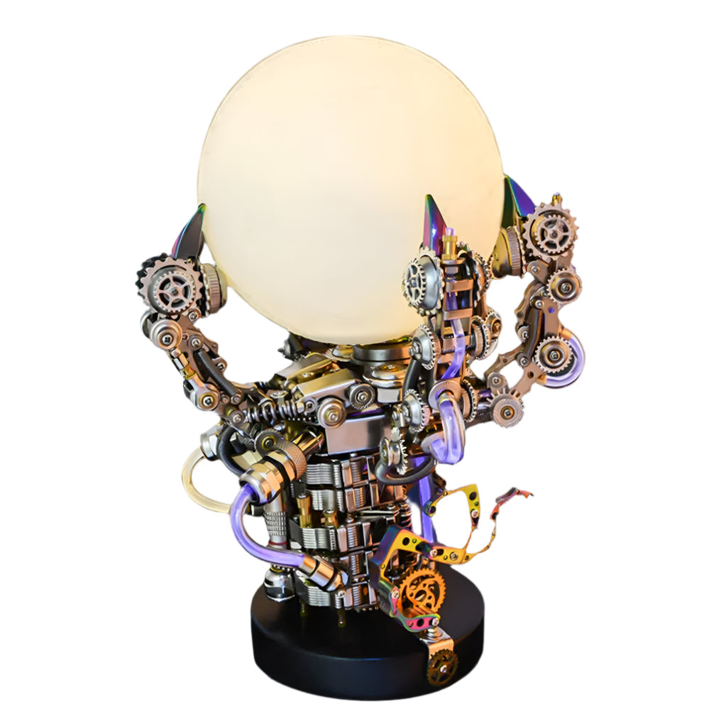 3D metal dragon claw lamp puzzle in stainless steel gripping a glowing orb, a 1000 piece model kit for adult builders