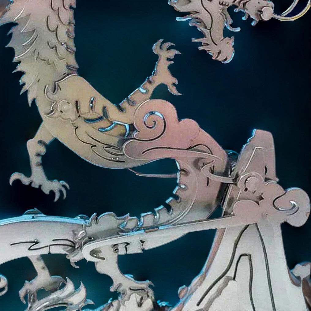 Stainless steel dragon model kit with layered scales and spread wings for hands on metal puzzle building fun Silver