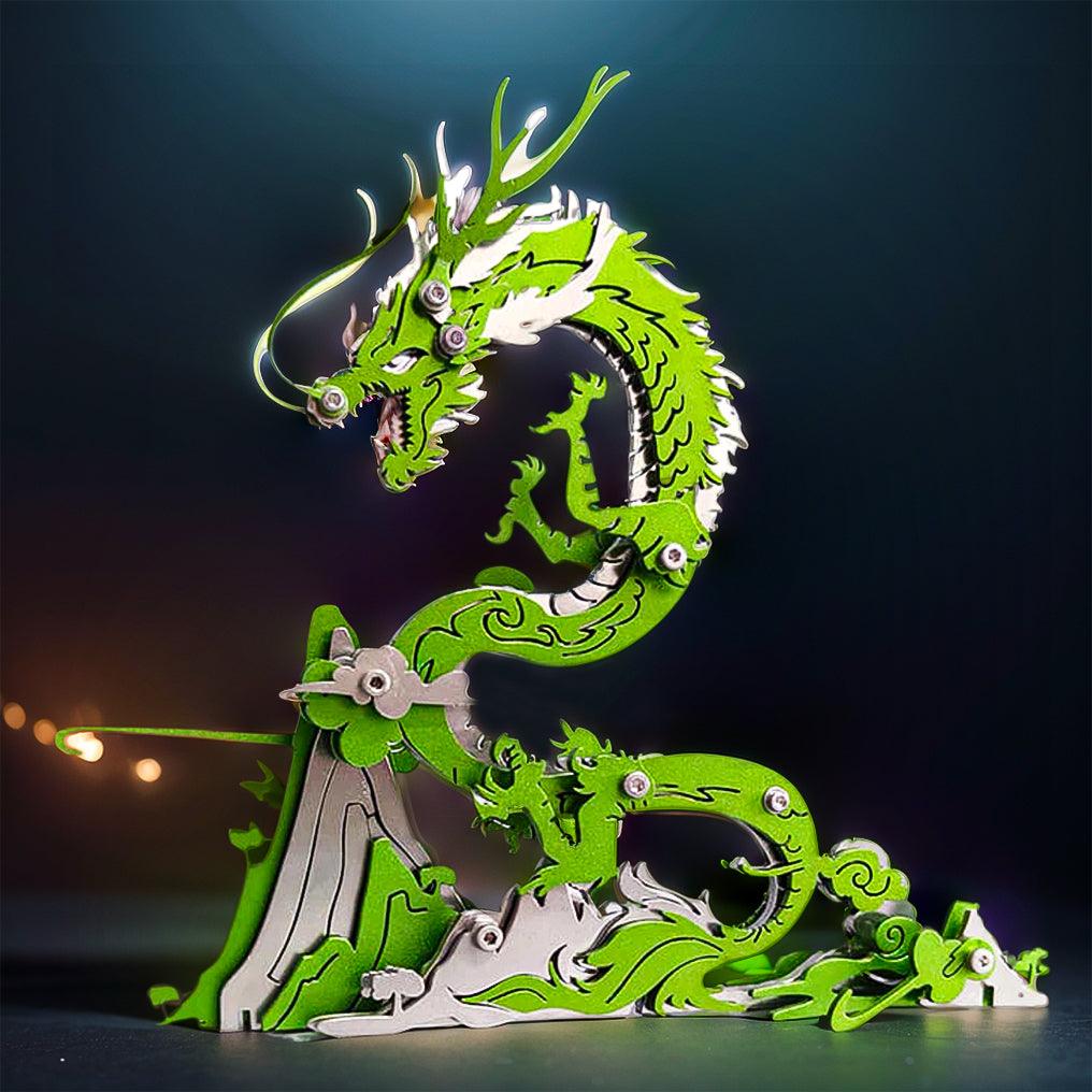 Mythical creature model kit that builds a standing dragon display piece for desk decor and shelf collections Silver