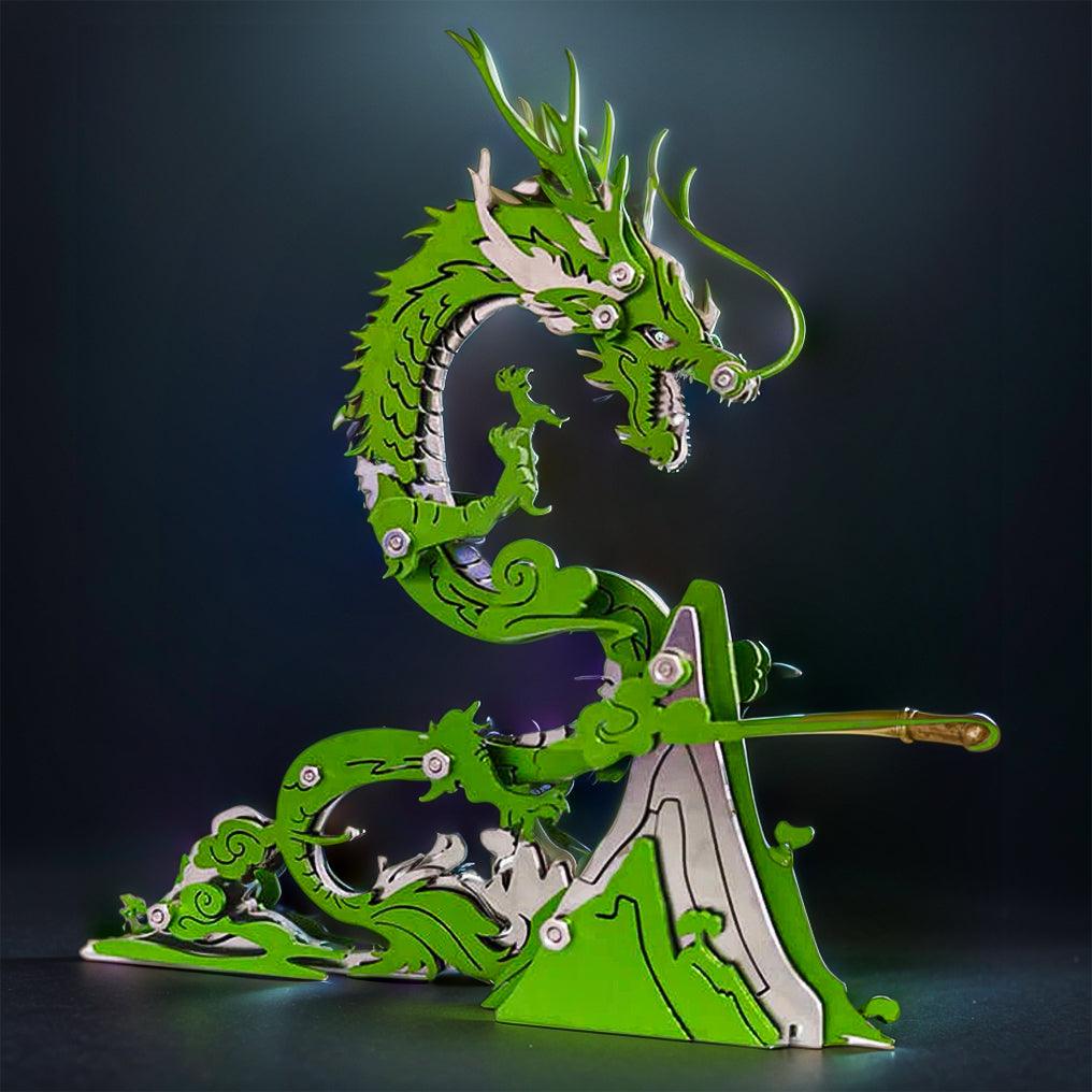 Metal dragon building kit with a coiled tail and dynamic pose for tabletop fantasy display and adult hobby time Silver