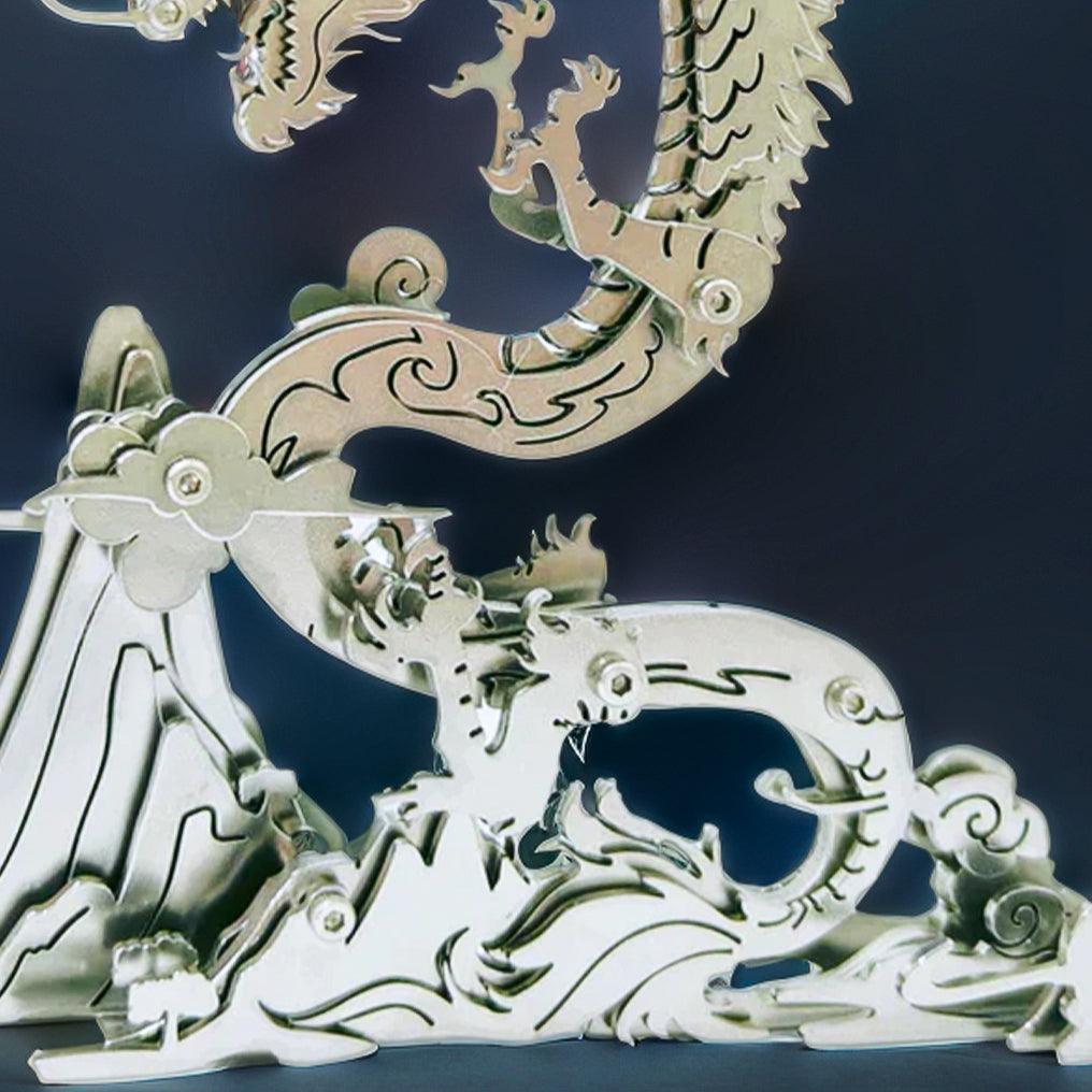 Tarnish resistant steel dragon model that keeps fine detail on a desk or shelf for a long term collectible look Silver