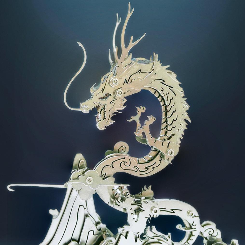 92 piece 3D metal puzzle of a mythical dragon precision cut for adult builders and fantasy model collectors Silver