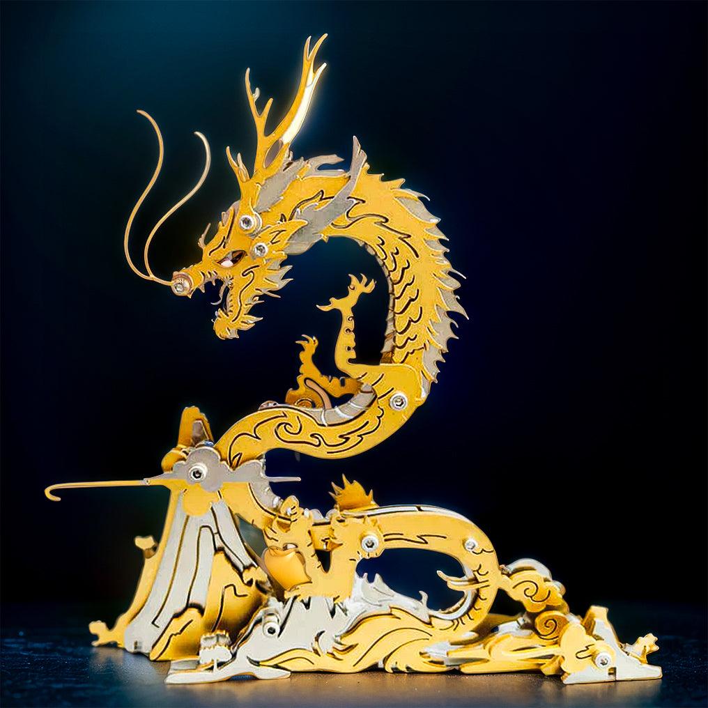 Mythical dragon metal model kit with layered scales for collectors matching finishes to a desk display setup Gold