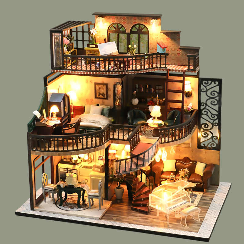 Dream Building Pavilion three story miniature dollhouse kit, a 1:24 wooden mansion with warm LED lighting for adults