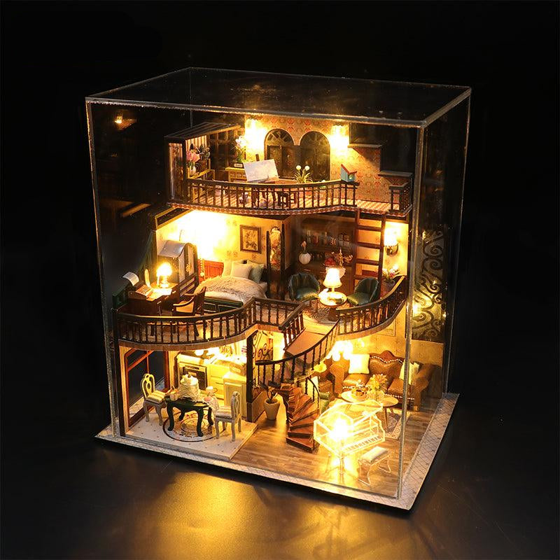 Furnished 1:24 wooden mansion with a music room, living room and bedroom suite across three illuminated floors