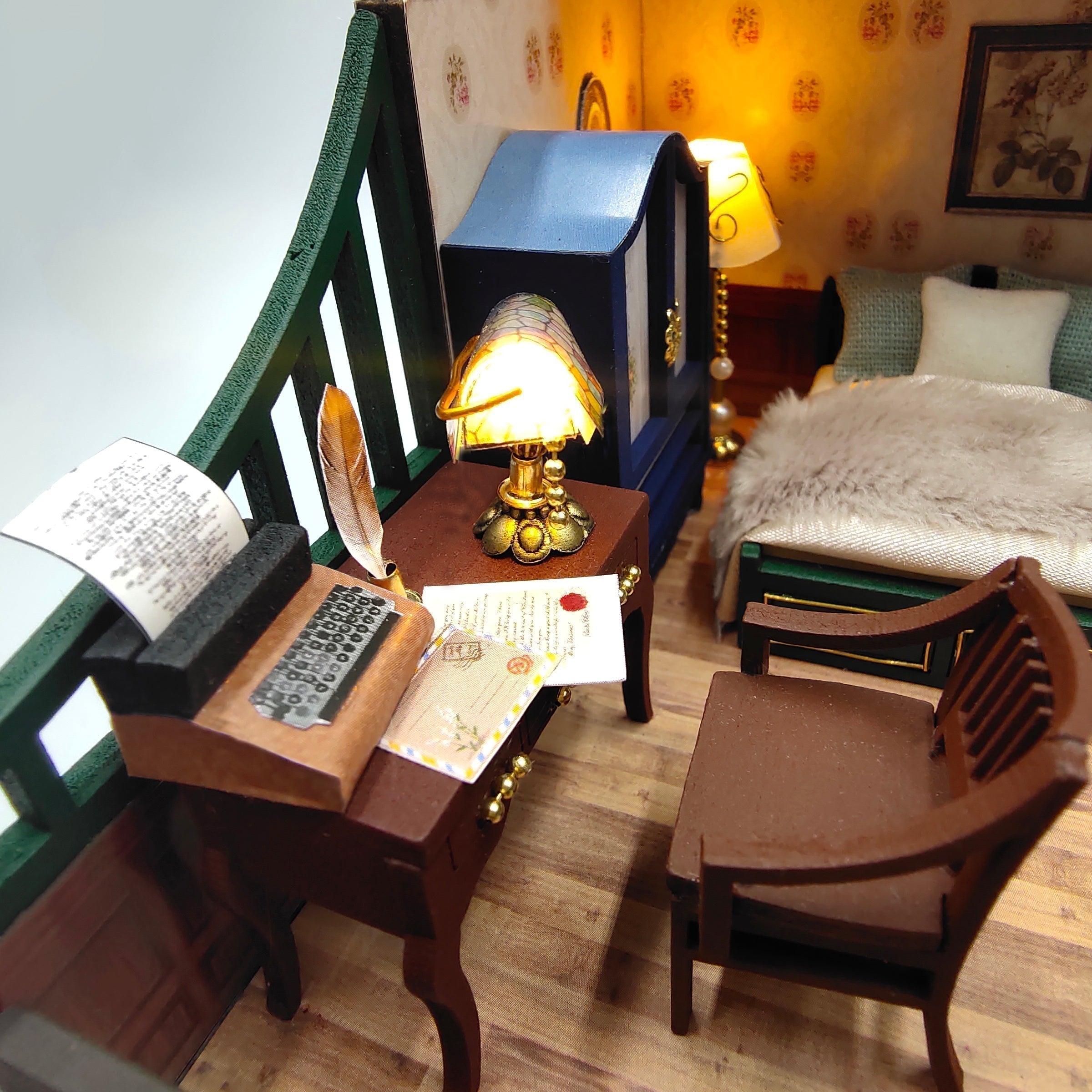 Spiral staircase connecting three furnished floors inside a 1:24 wooden dollhouse for hobby builders and home decor