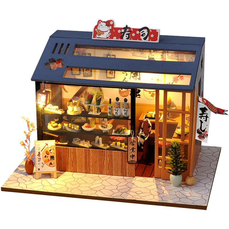 Miniature Japanese sushi shop dollhouse kit in 1:24 scale with a lit display counter for adult miniature collectors Cute sushi