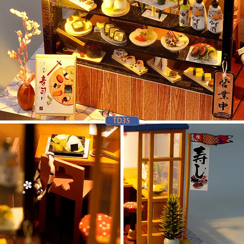 Tiny handmade sushi platters and food accessories fill this 1:24 miniature shop for craft fans and model collectors Cute sushi
