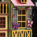 Alsatian timber house with yellow shutters and purple butterflies, DIY miniature book nook kit for shelf display