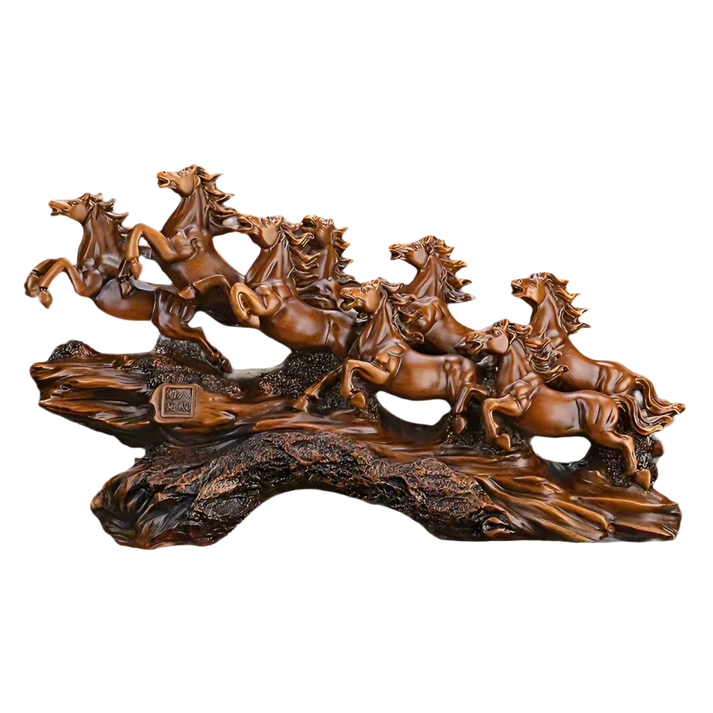 Eight galloping horses feng shui resin sculpture on a rock base, a brown prosperity statue for home and office desk decor SKU_1754352092894_248