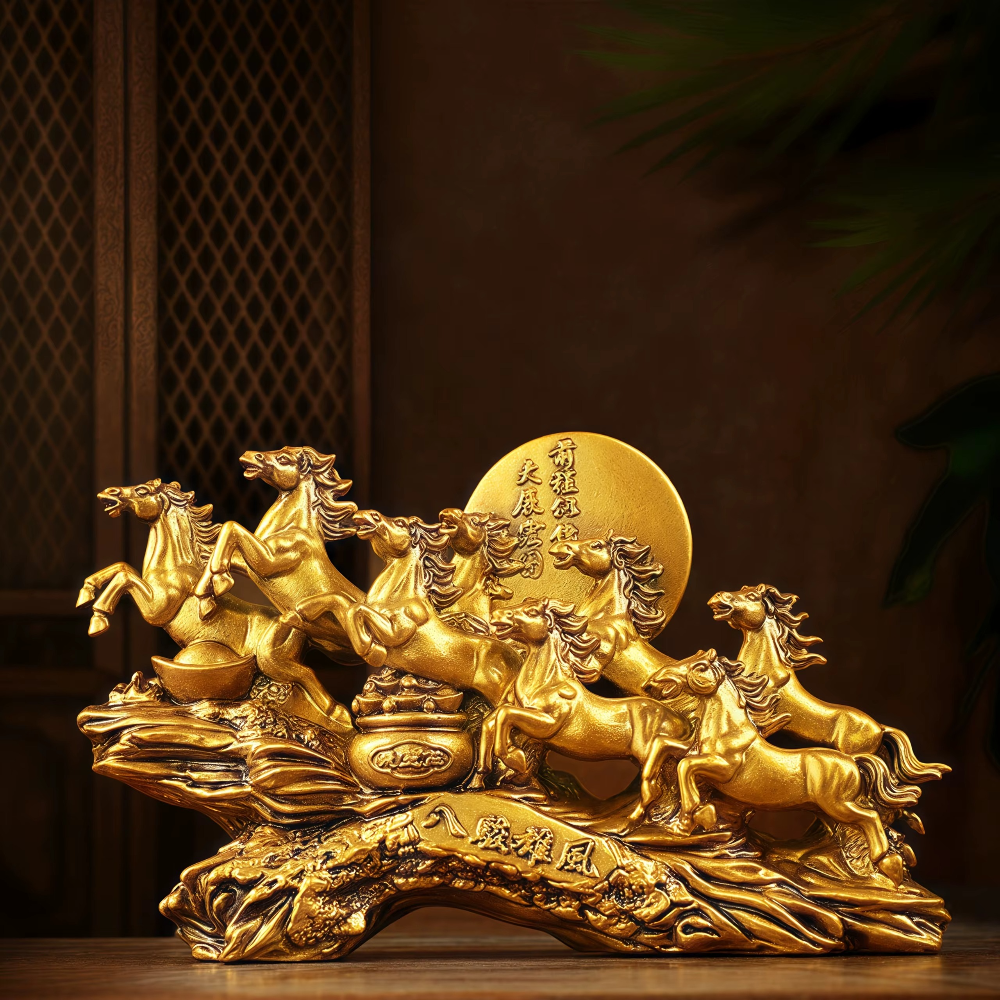 Gold finish eight horses resin statue styled as home decor, a feng shui wealth symbol and housewarming or promotion gift SKU_1754352092894_250