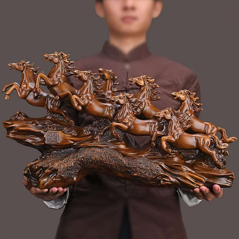 Eight galloping horses resin sculpture shown in hand for scale, a brown feng shui prosperity piece for desk or shelf decor SKU_1754352092894_248