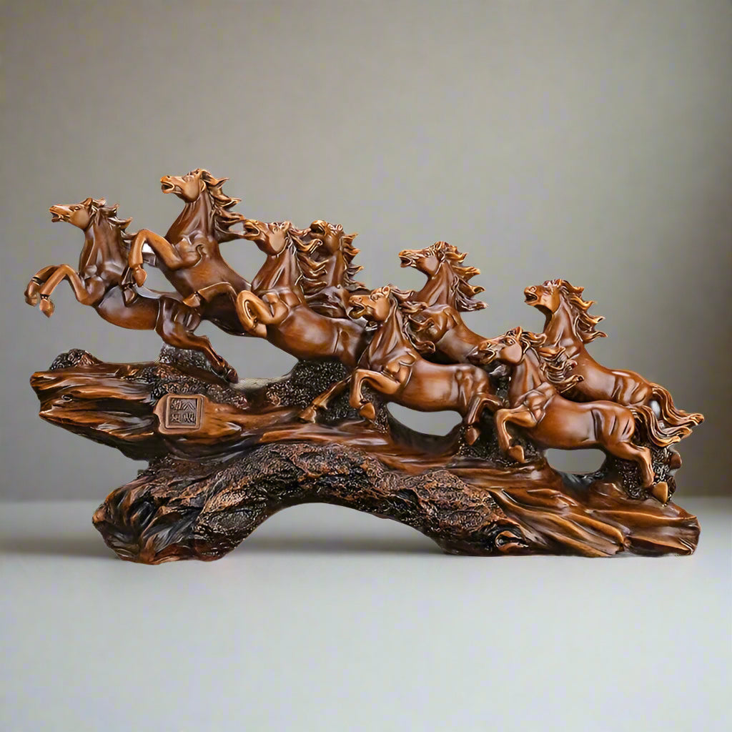 Feng shui eight horses prosperity sculpture in brown resin, a career and business gift for an office desk or entrance hall SKU_1754352092894_249