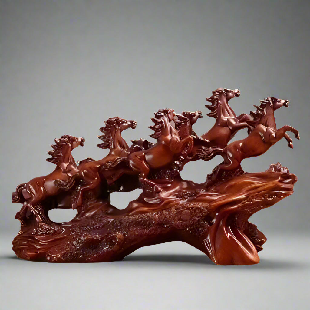Eight horse feng shui resin ornament viewed along the galloping herd, a brown prosperity statue for shelf or cabinet decor SKU_1754352092894_248