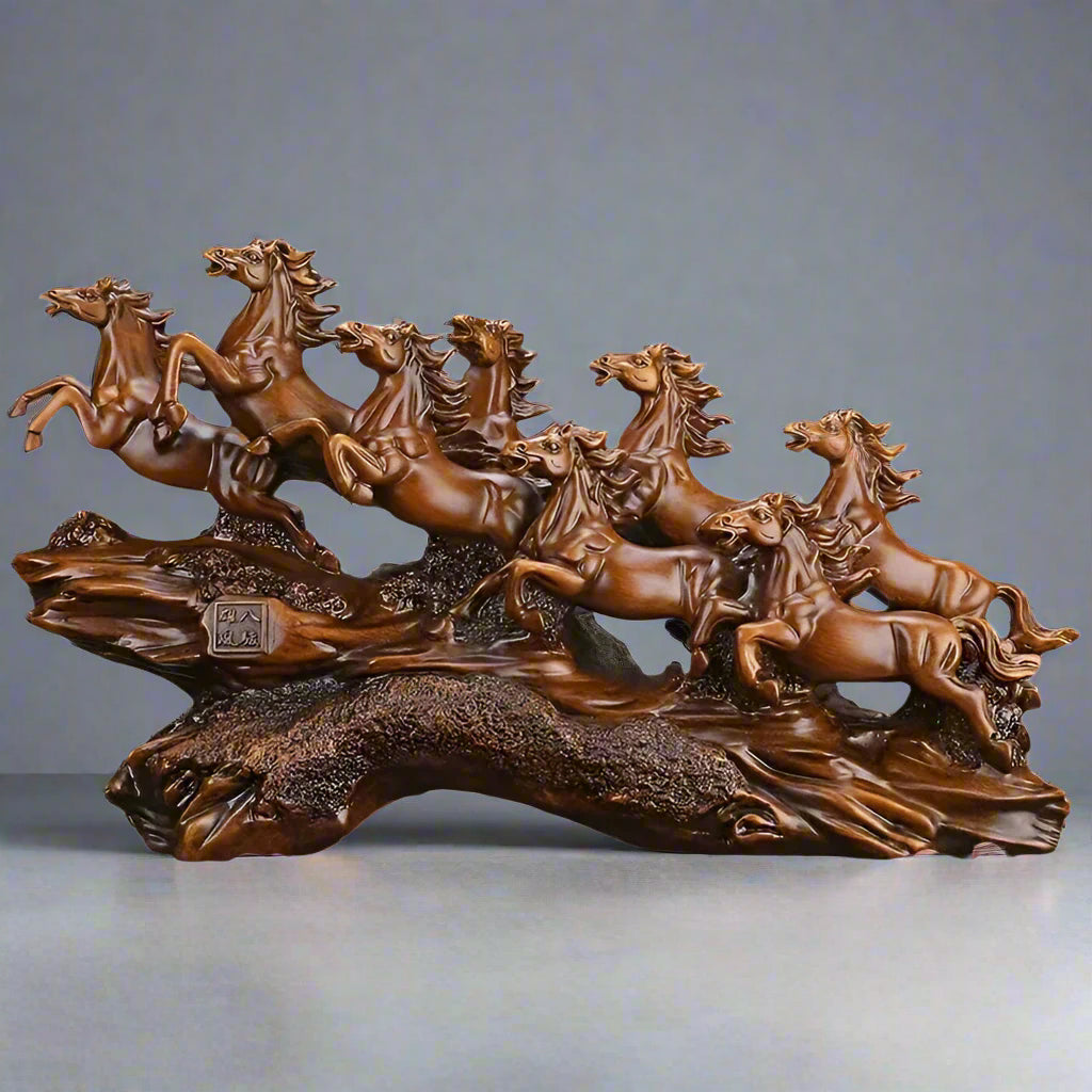 Brown resin eight galloping horses sculpture with a rugged rock base, a feng shui wealth symbol for home and office decor SKU_1754352092894_249