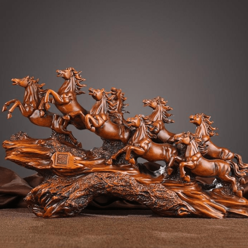 Eight galloping horses feng shui sculpture styled in a warm room, a brown resin prosperity gift for a housewarming table SKU_1754352092894_248
