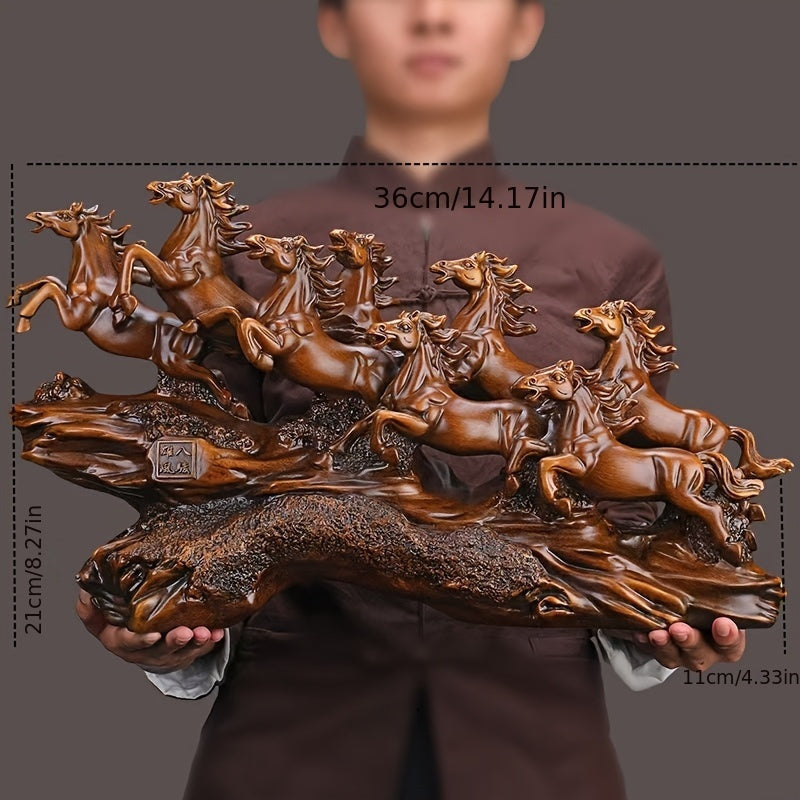 Large eight horse feng shui sculpture at 36 cm, a brown resin prosperity ornament for a living room TV cabinet or console SKU_1754352092894_249