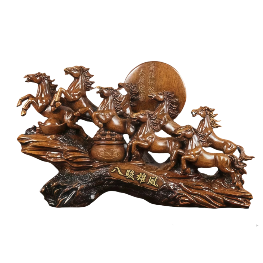 Feng shui eight horses resin sculpture with a sun disc and coin accents, brown desk decor for career and business success SKU_1754352092894_248
