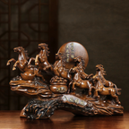 Brown eight galloping horses statue styled on a wood table, a feng shui prosperity gift for a home study or office desk SKU_1754352092894_249