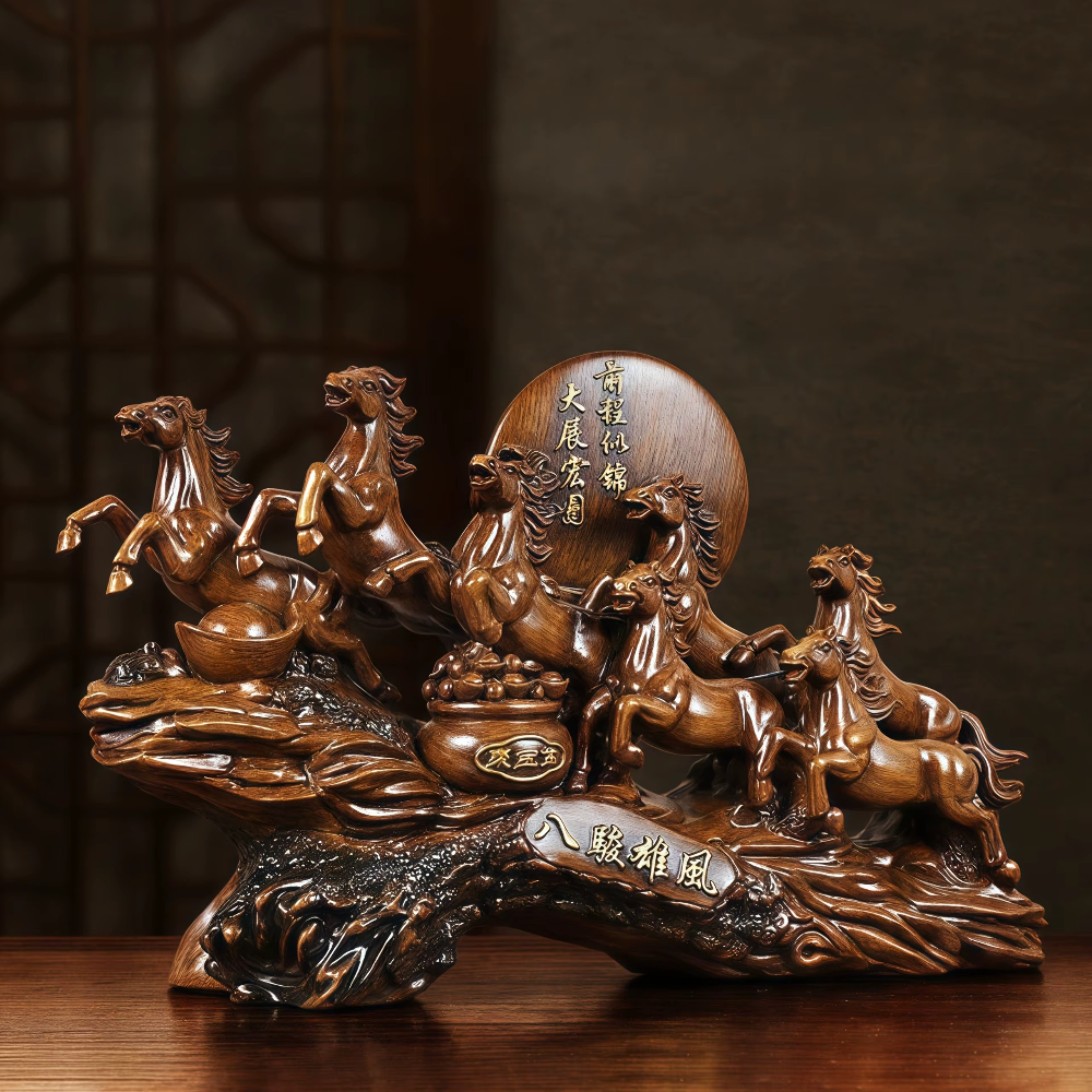 Brown eight galloping horses statue styled on a wood table, a feng shui prosperity gift for a home study or office desk SKU_1754352092894_249