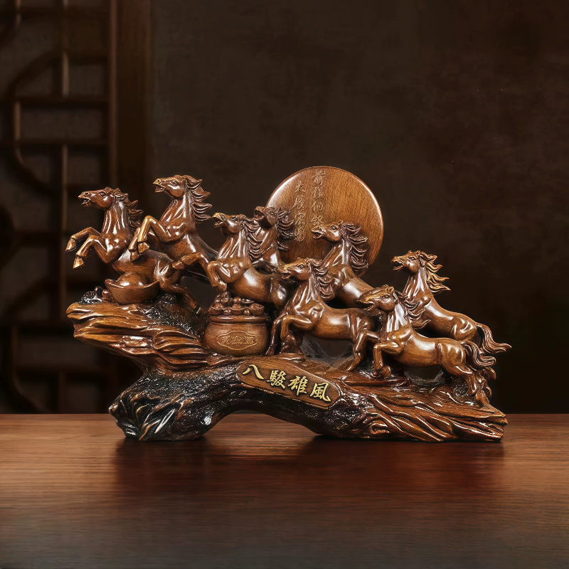 Eight running horses feng shui ornament with a calligraphy plaque, a brown success symbol for shelf and cabinet decor SKU_1754352092894_248