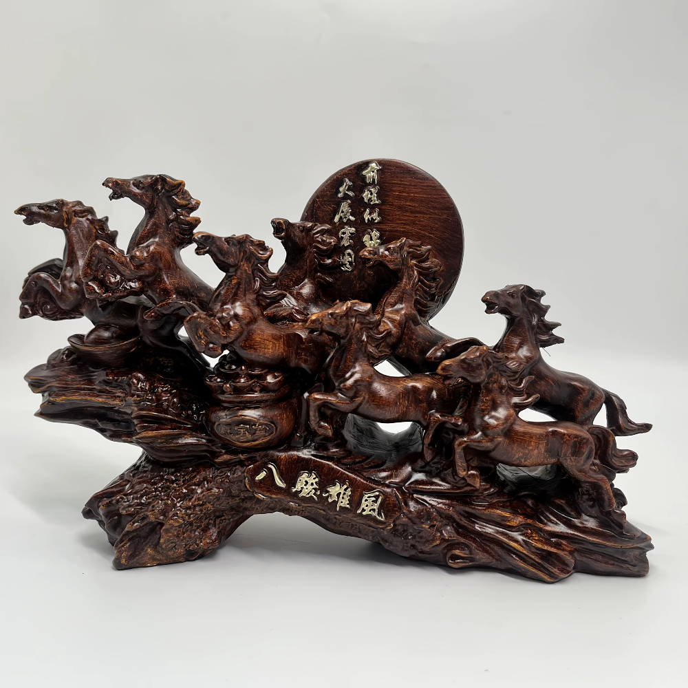 Detailed eight horse feng shui sculpture in a deep brown finish, a resin prosperity statue for entrance and office decor SKU_1754352092894_249