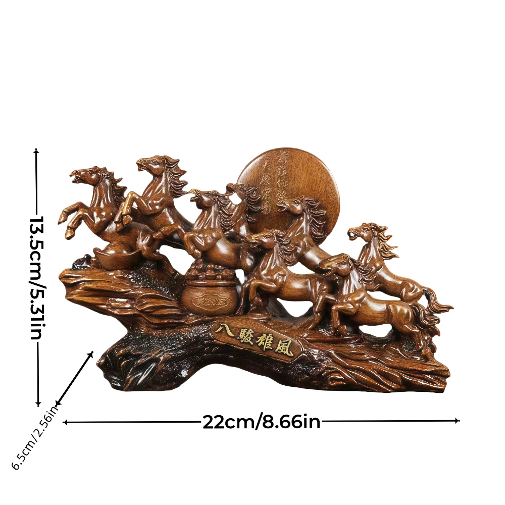 Compact eight horses feng shui sculpture at 22 cm, a brown resin desk ornament for a small shelf or an office credenza SKU_1754352092894_248