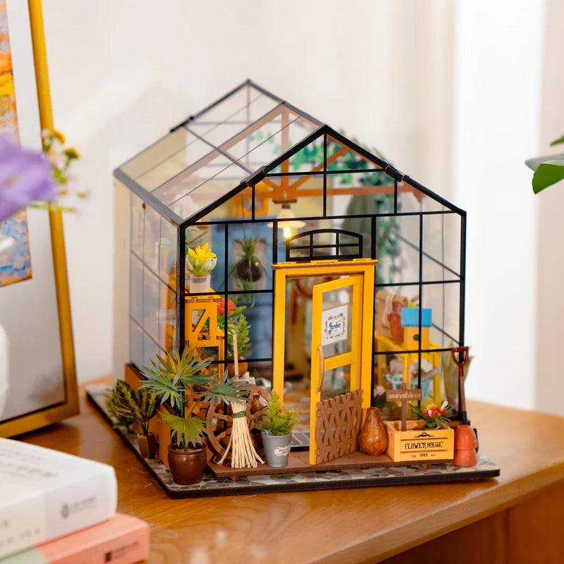 389 piece miniature greenhouse dollhouse in 1:18 scale with succulents and flowers, a botanical craft kit for adult hobbyists