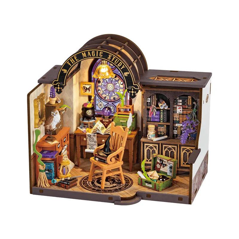 Enchanted Wizard's Study DIY miniature house kit finished as a lit 1:18 wizard room with desk, bookshelf and crystal ball