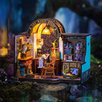 Fantasy wizard room miniature with a glowing crystal ball and ancient spell books on carved shelves, 267 piece kit for adults