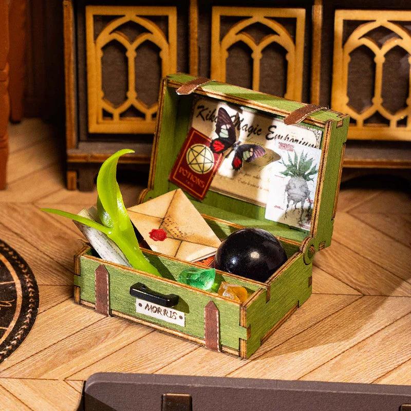 Wizard desk miniature scene with potion bottles, scrolls and a bookshelf, LED lit fantasy diorama gift for miniature collectors