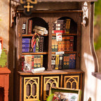 Illuminated wizard study miniature glowing after dark with warm lamp light, fantasy room build for shelf and desk decor