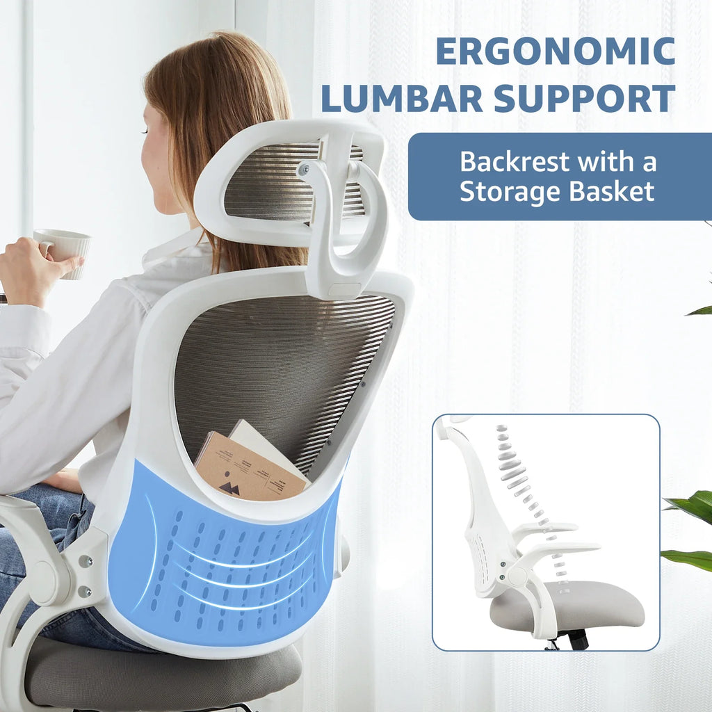 Office chair with contoured lumbar support and rear storage basket for back comfort during long work days, Black, Gray, Pink