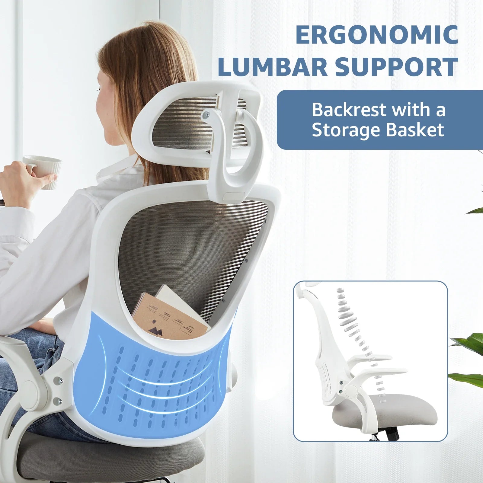 Office chair with contoured lumbar support and rear storage basket for back comfort during long work days, Black, Gray, Pink